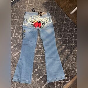 Ed Hardy Light Blue Flare Jeans with Graphic Design